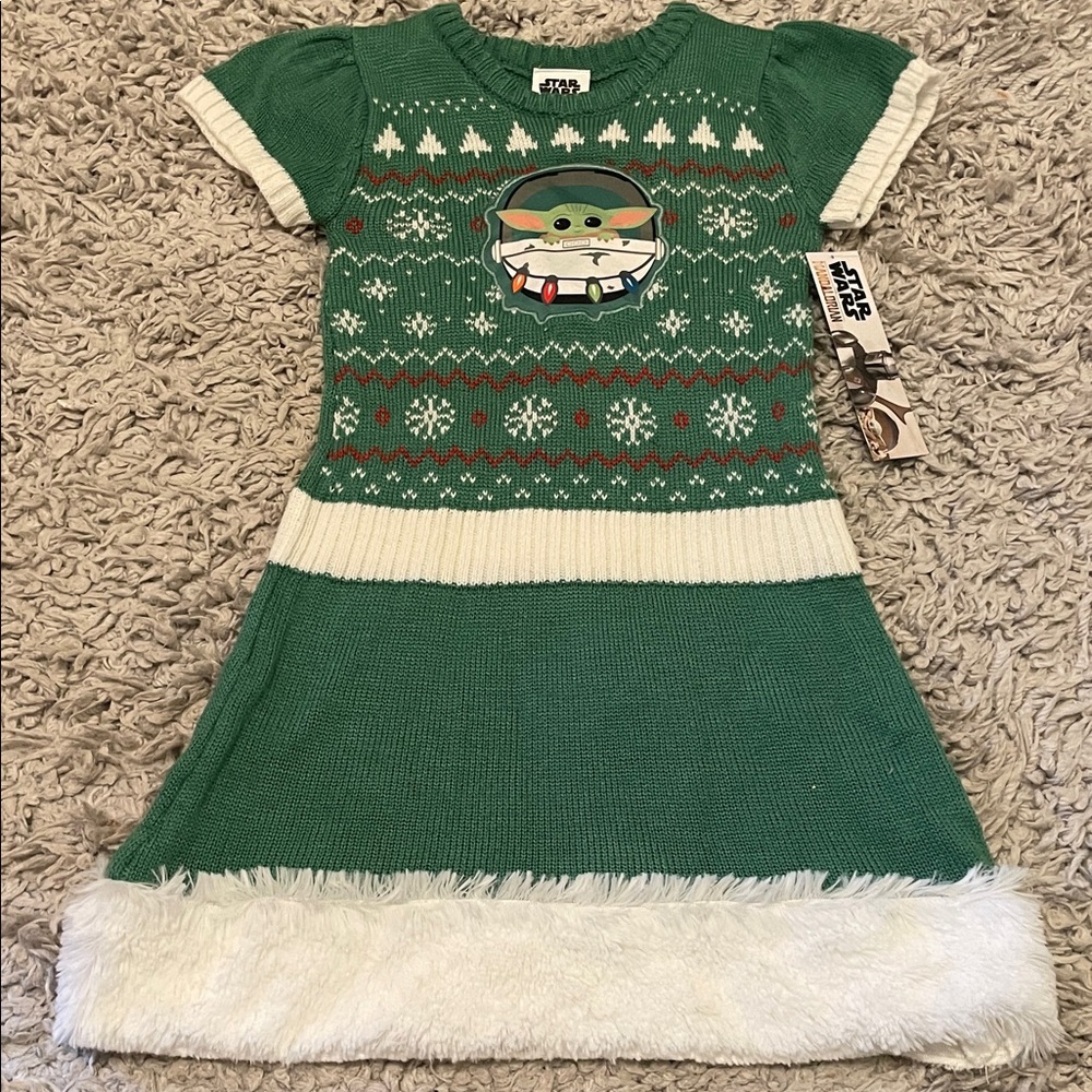 NWT Disney Star Wars Mandalorian Baby Yoda Christmas Sweater Dress, Size XS(4-5)